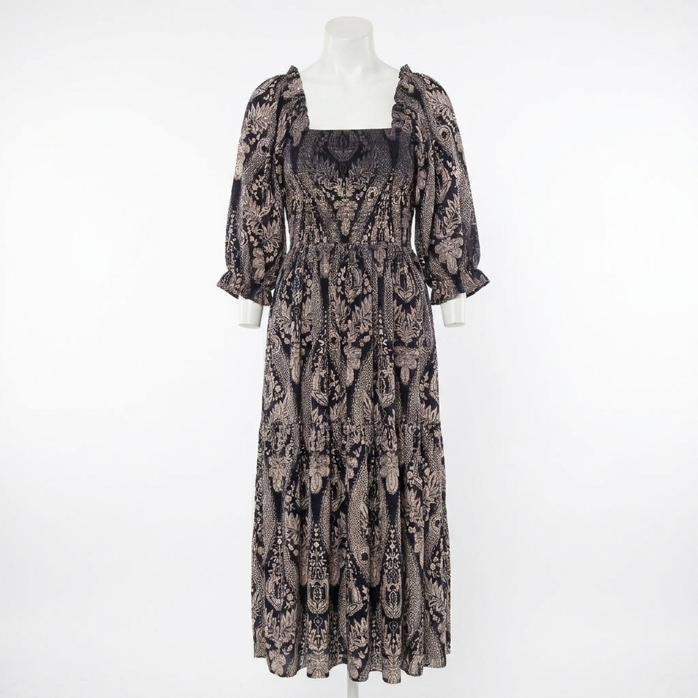 NEW FATE burnout velvet square neck midi dress in navy